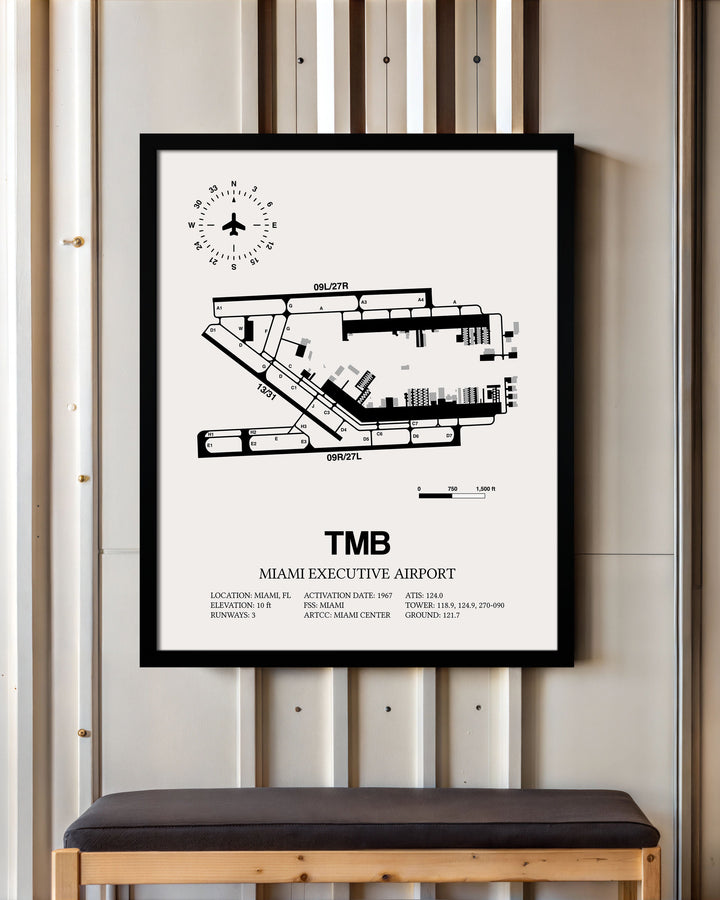 Framed Detailed Airport Map of Miami Executive Airport (TMB) in White with a Black Frame