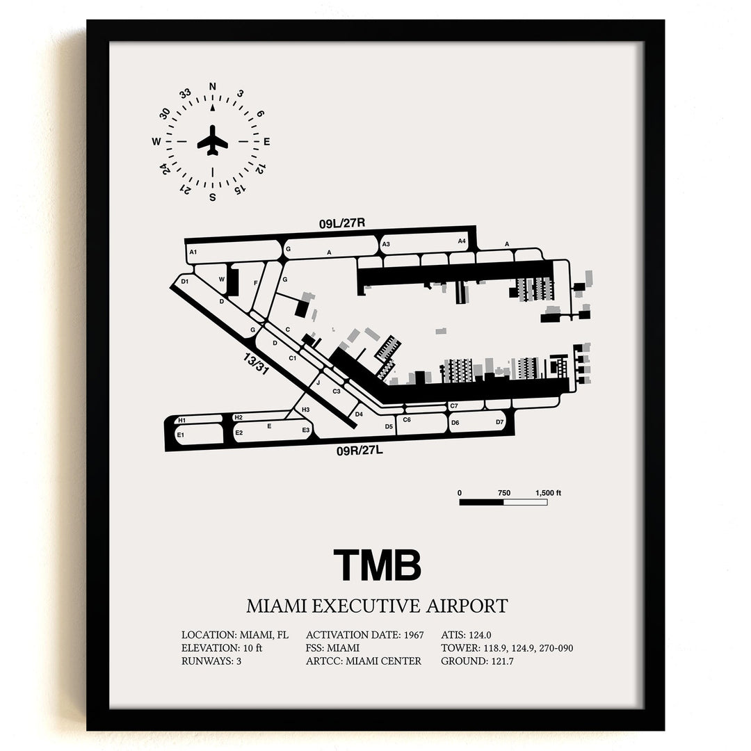 Framed Detailed Airport Map of Miami Executive Airport (TMB) in White with a Black Frame