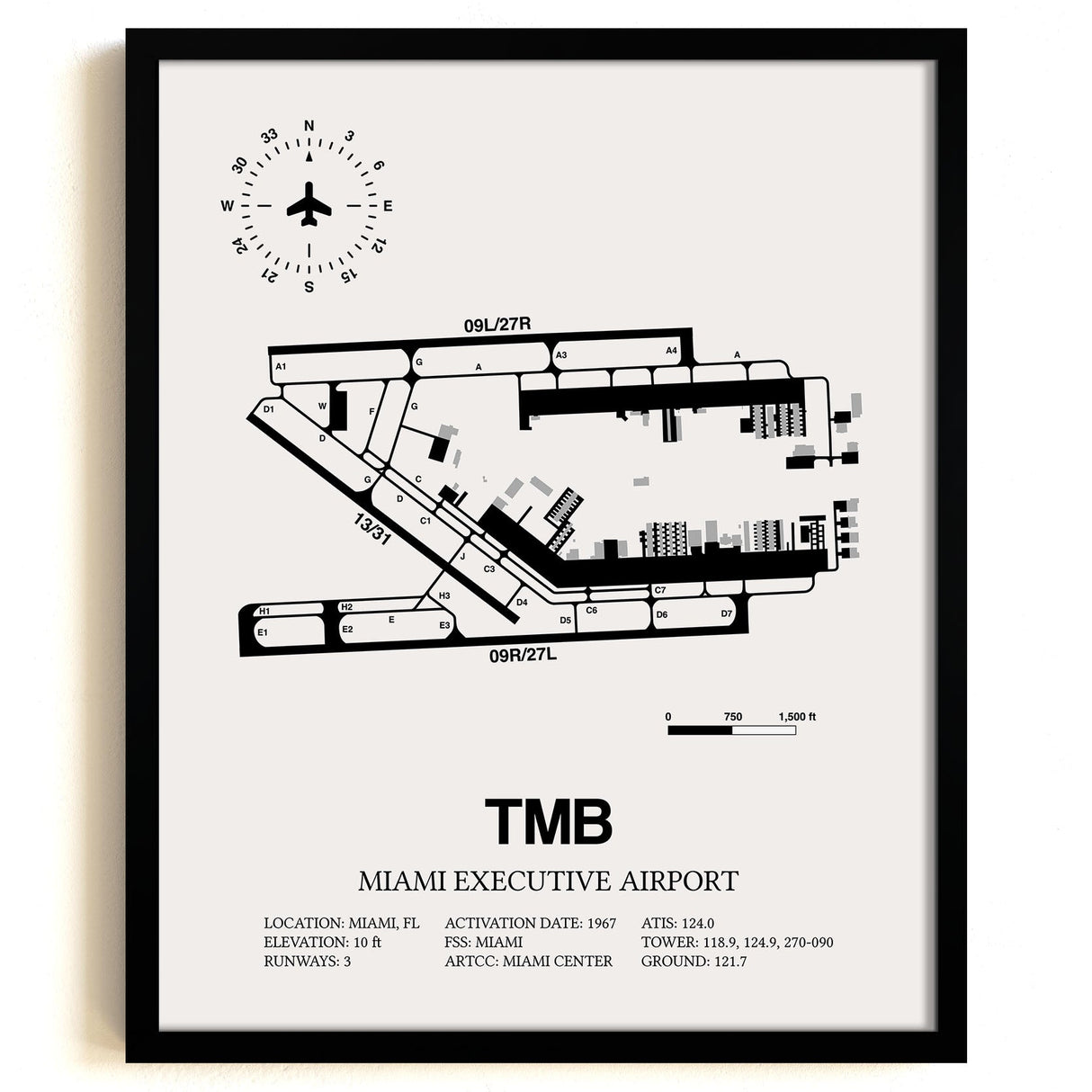 Framed Detailed Airport Map of Miami Executive Airport (TMB) in White with a Black Frame