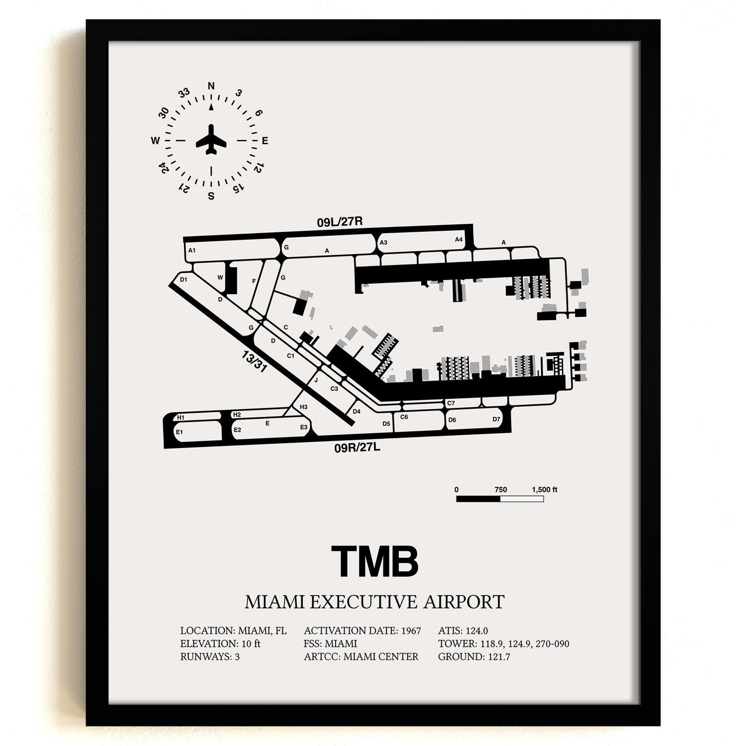 Framed Detailed Airport Map of Miami Executive Airport (TMB) in White with a Black Frame