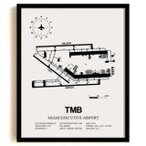 Framed Detailed Airport Map of Miami Executive Airport (TMB) in White with a Black Frame
