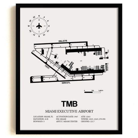 Framed Detailed Airport Map of Miami Executive Airport (TMB) in White with a Black Frame