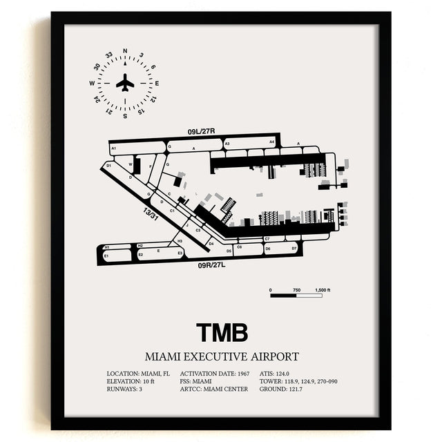 Framed Detailed Airport Map of Miami Executive Airport (TMB) in White with a Black Frame