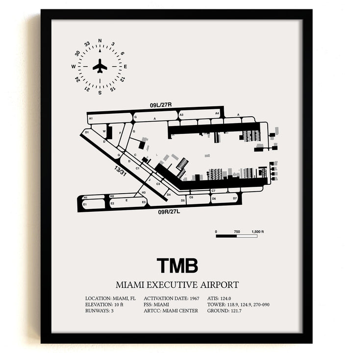 Framed Detailed Airport Map of Miami Executive Airport (TMB) in White with a Black Frame