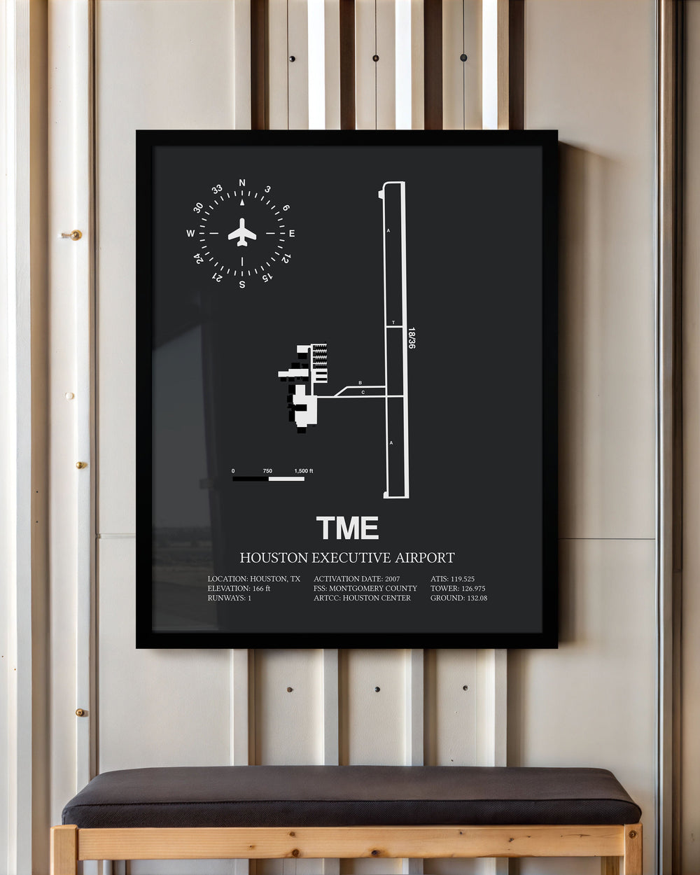 Framed Detailed Airport Map of Houston Executive Airport (TME) in Gray with a Black Frame