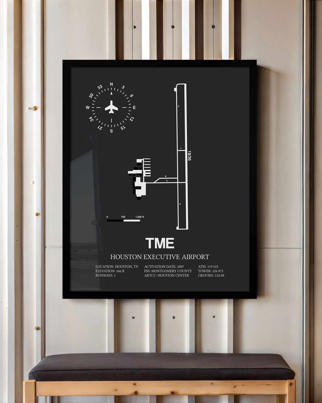 Framed Detailed Airport Map of Houston Executive Airport (TME) in Gray with a Black Frame