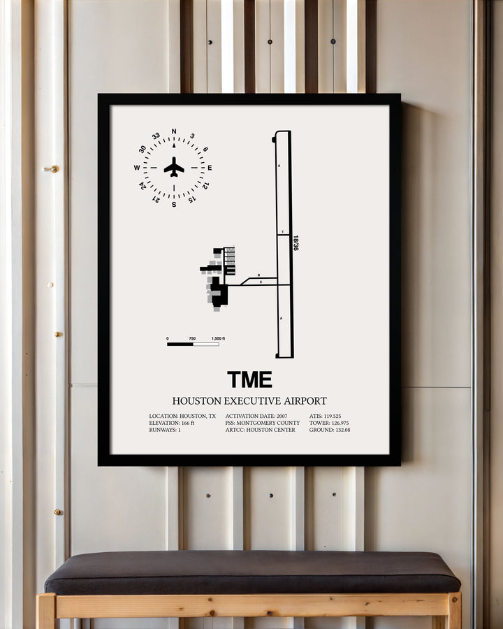 Framed Detailed Airport Map of Houston Executive Airport (TME) in White with a Black Frame