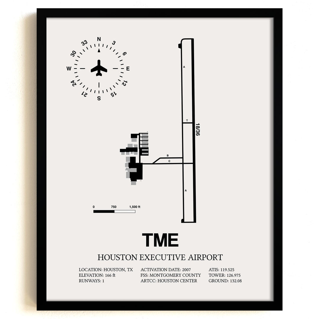 Framed Detailed Airport Map of Houston Executive Airport (TME) in White with a Black Frame