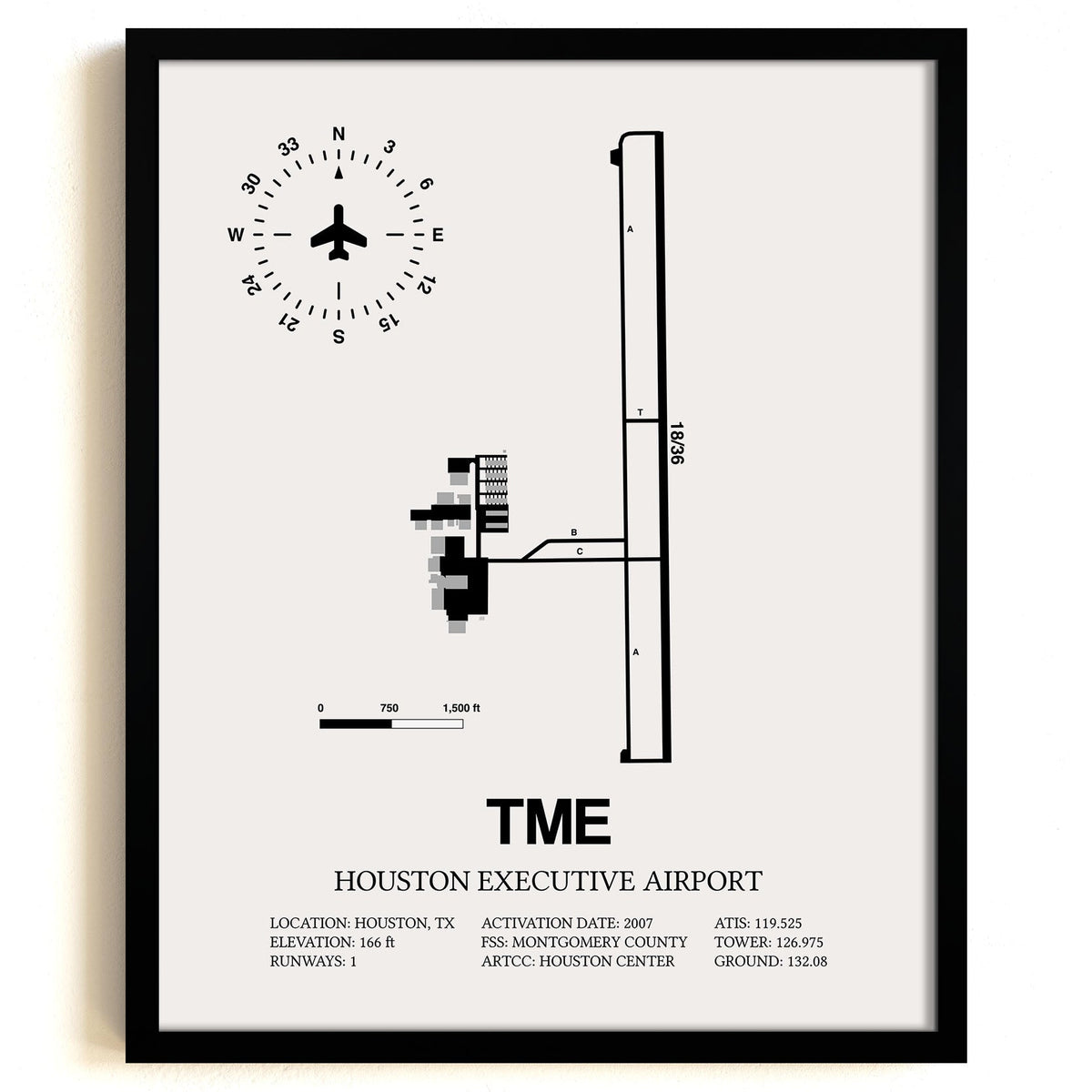 Framed Detailed Airport Map of Houston Executive Airport (TME) in White with a Black Frame