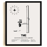 Framed Detailed Airport Map of Houston Executive Airport (TME) in White with a Black Frame