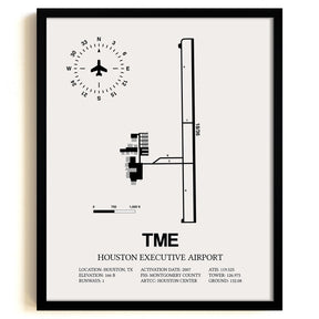 Framed Detailed Airport Map of Houston Executive Airport (TME) in White with a Black Frame
