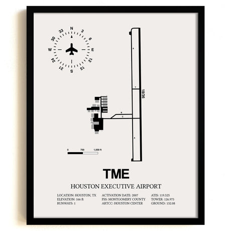 Framed Detailed Airport Map of Houston Executive Airport (TME) in White with a Black Frame