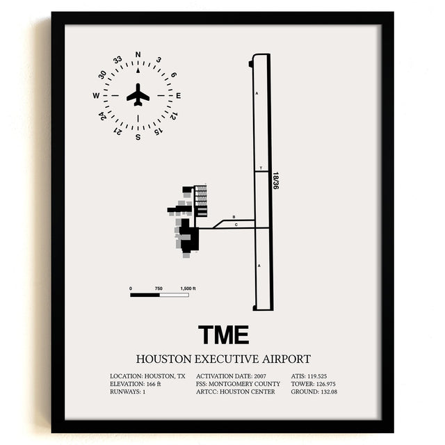 Framed Detailed Airport Map of Houston Executive Airport (TME) in White with a Black Frame