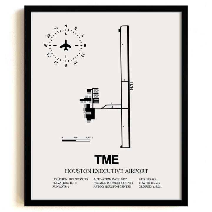 Framed Detailed Airport Map of Houston Executive Airport (TME) in White with a Black Frame