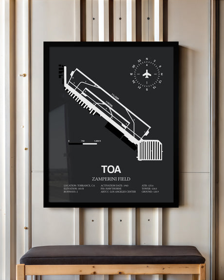 Framed Detailed Airport Map of Zamperini Field (TOA) in Gray with a Black Frame