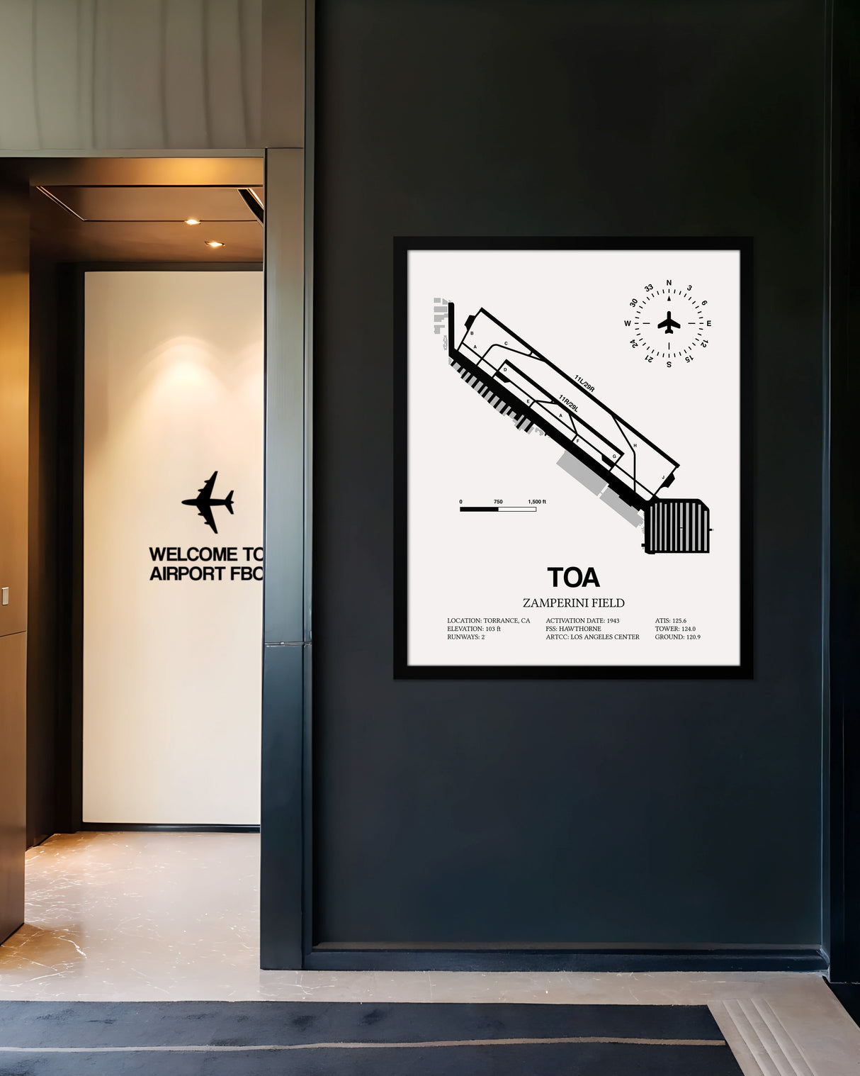 Framed Detailed Airport Map of Zamperini Field (TOA) in White with a Black Frame