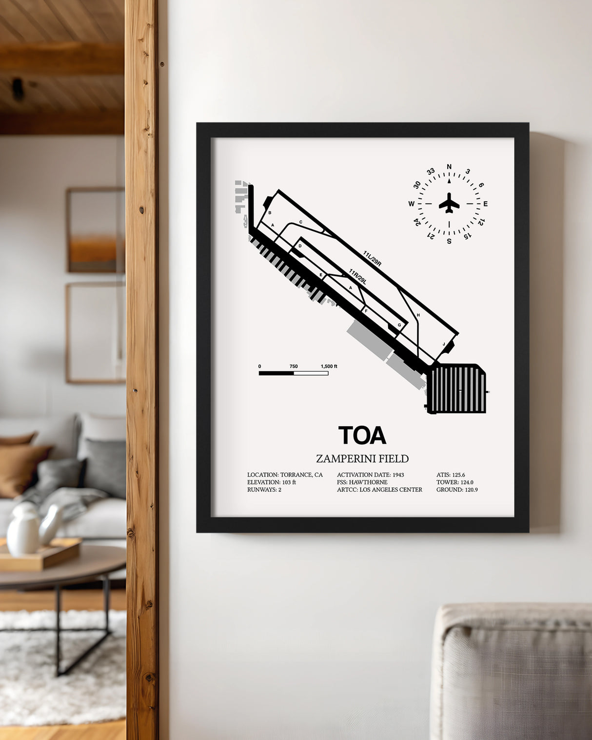 Framed Detailed Airport Map of Zamperini Field (TOA) in White with a Black Frame