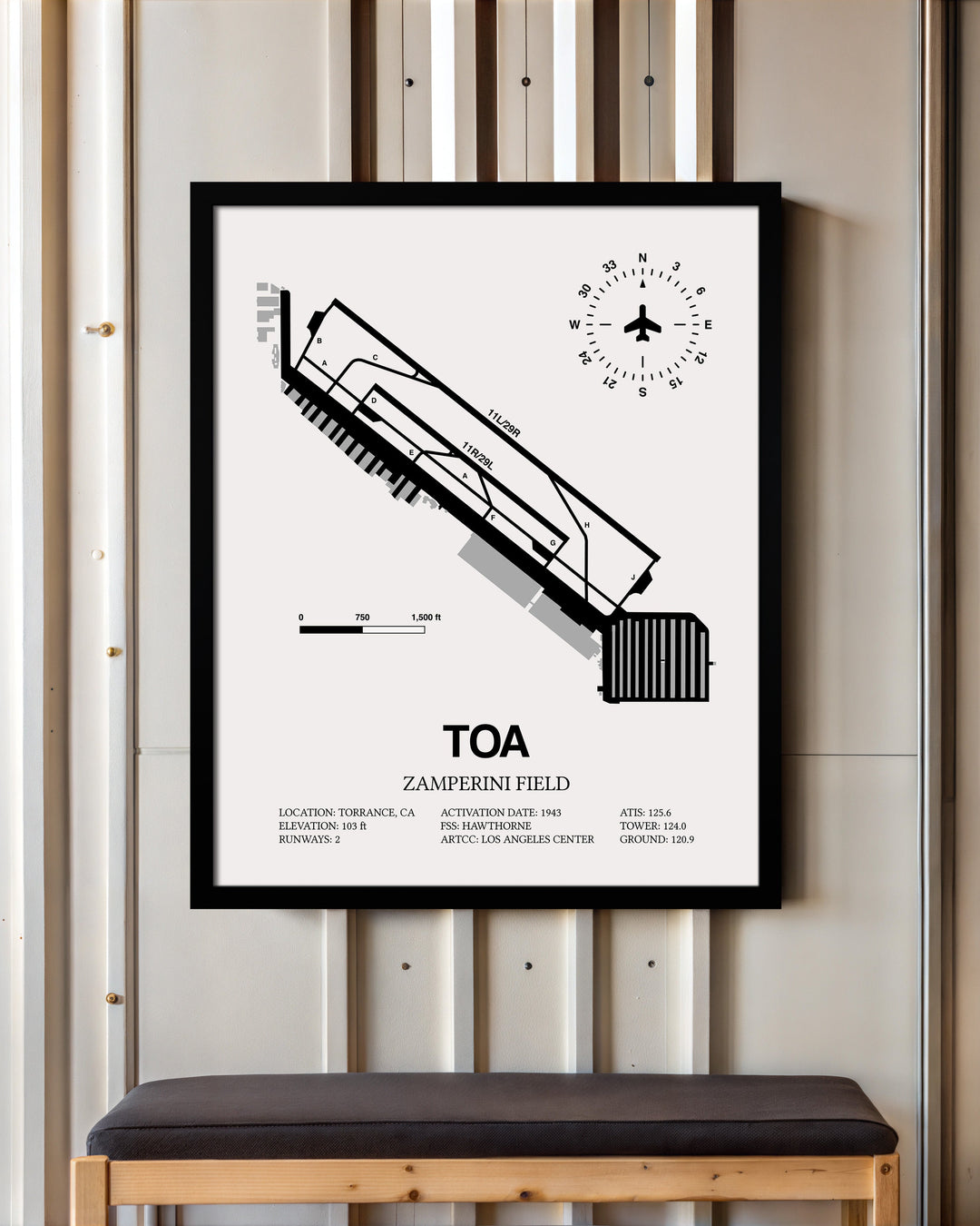 Framed Detailed Airport Map of Zamperini Field (TOA) in White with a Black Frame