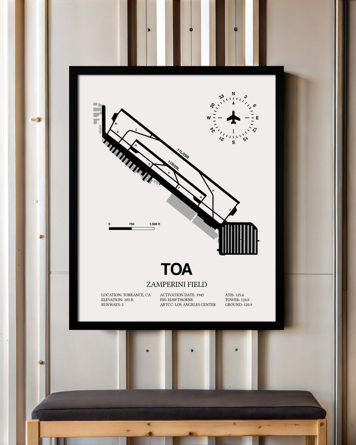 Framed Detailed Airport Map of Zamperini Field (TOA) in White with a Black Frame