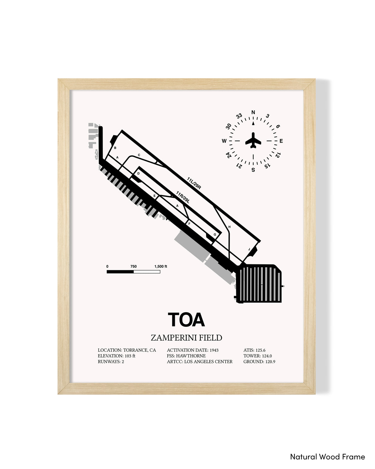 Detailed Airport Map of Zamperini Field (TOA) in White with a Natural Frame