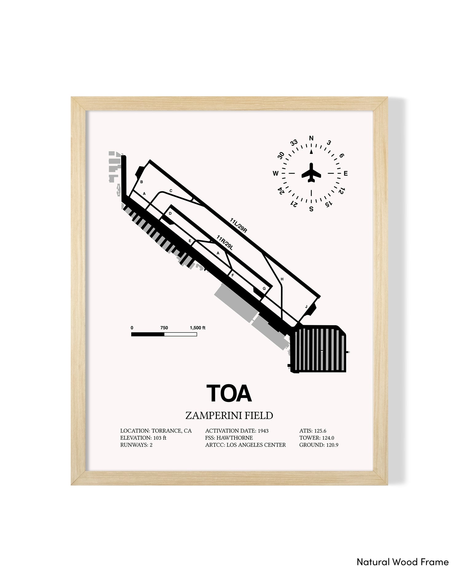 Detailed Airport Map of Zamperini Field (TOA) in White with a Natural Frame