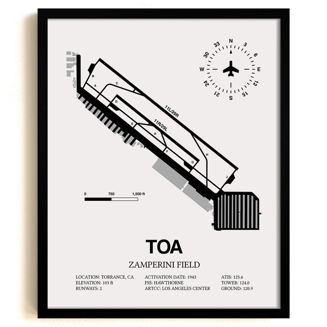 Framed Detailed Airport Map of Zamperini Field (TOA) in White with a Black Frame