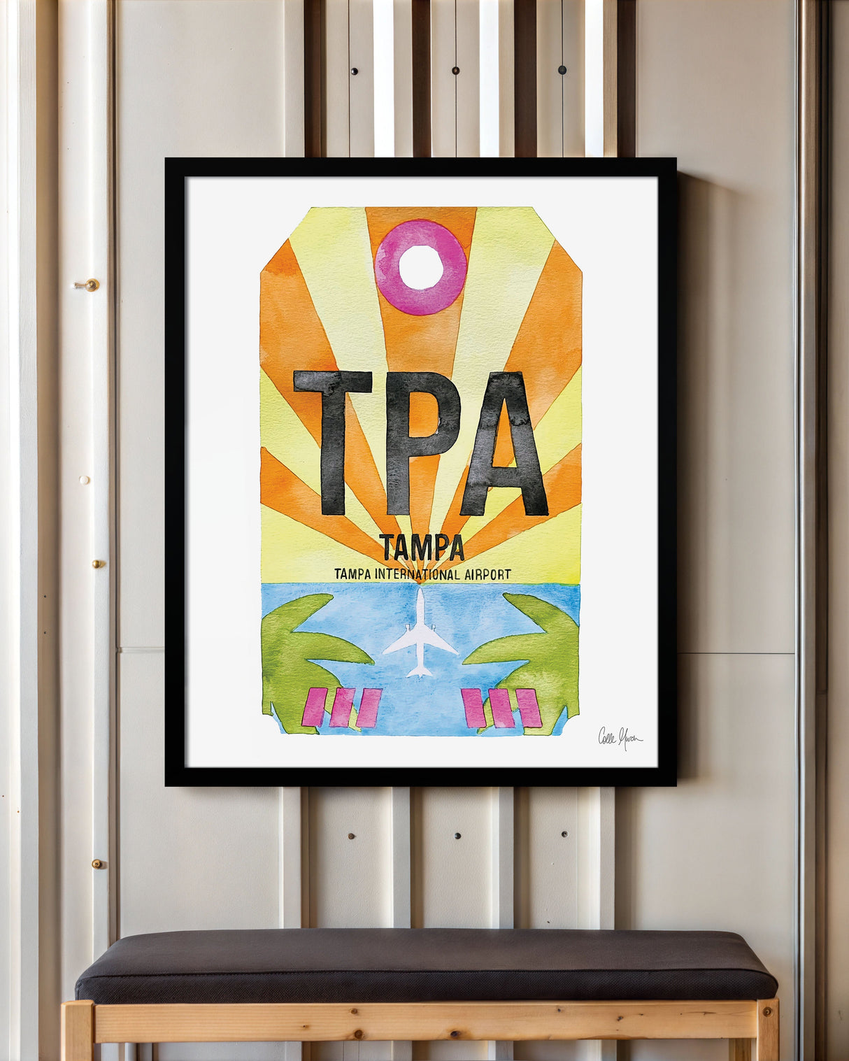 Framed Watercolor Print of Tampa International Airport (TPA) with a Black Frame