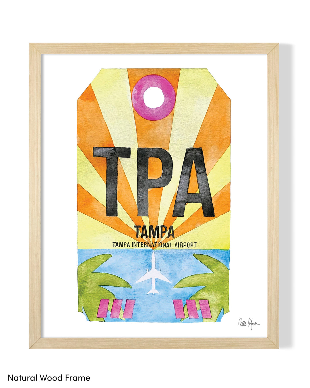 Framed Watercolor Print of Tampa International Airport (TPA) with a Natural Wood Frame