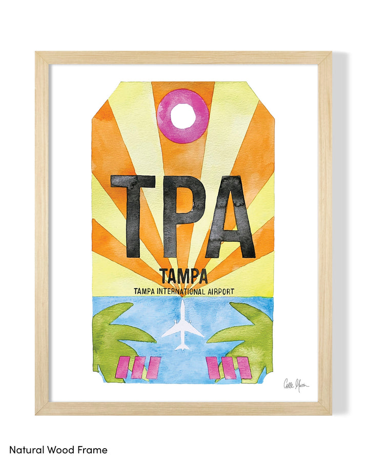 Framed Watercolor Print of Tampa International Airport (TPA) with a Natural Wood Frame