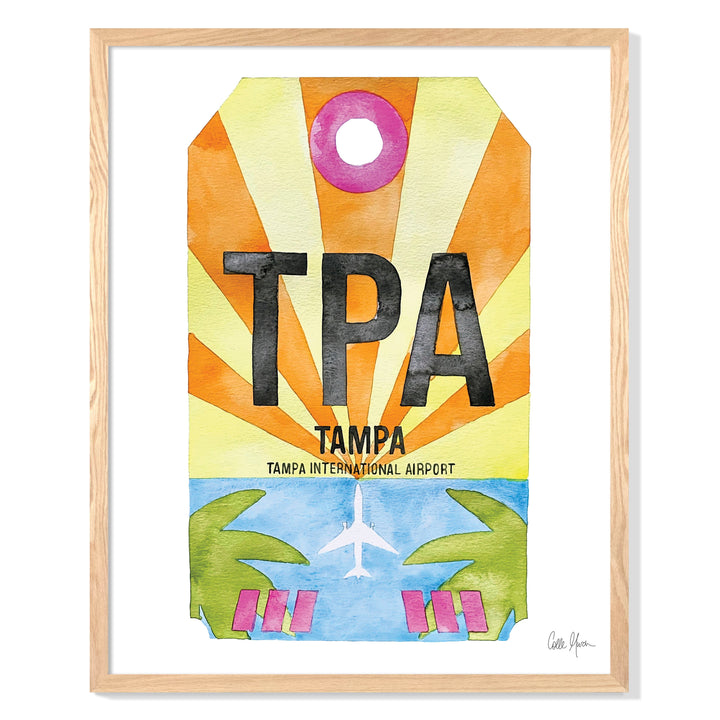 Framed Watercolor Print of Tampa International Airport (TPA) with an Oak Frame