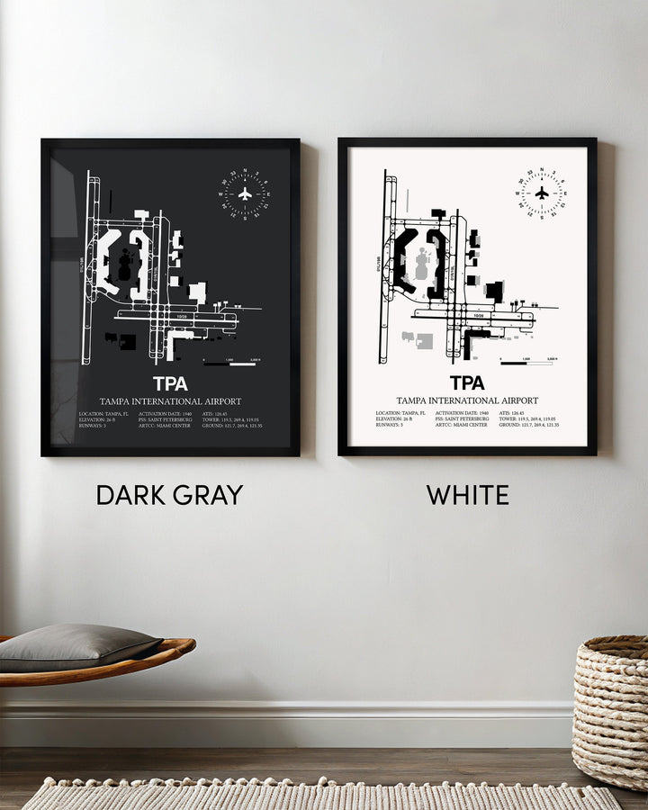 Framed Detailed Airport Map of Tampa International Airport (TPA) in White and Gray