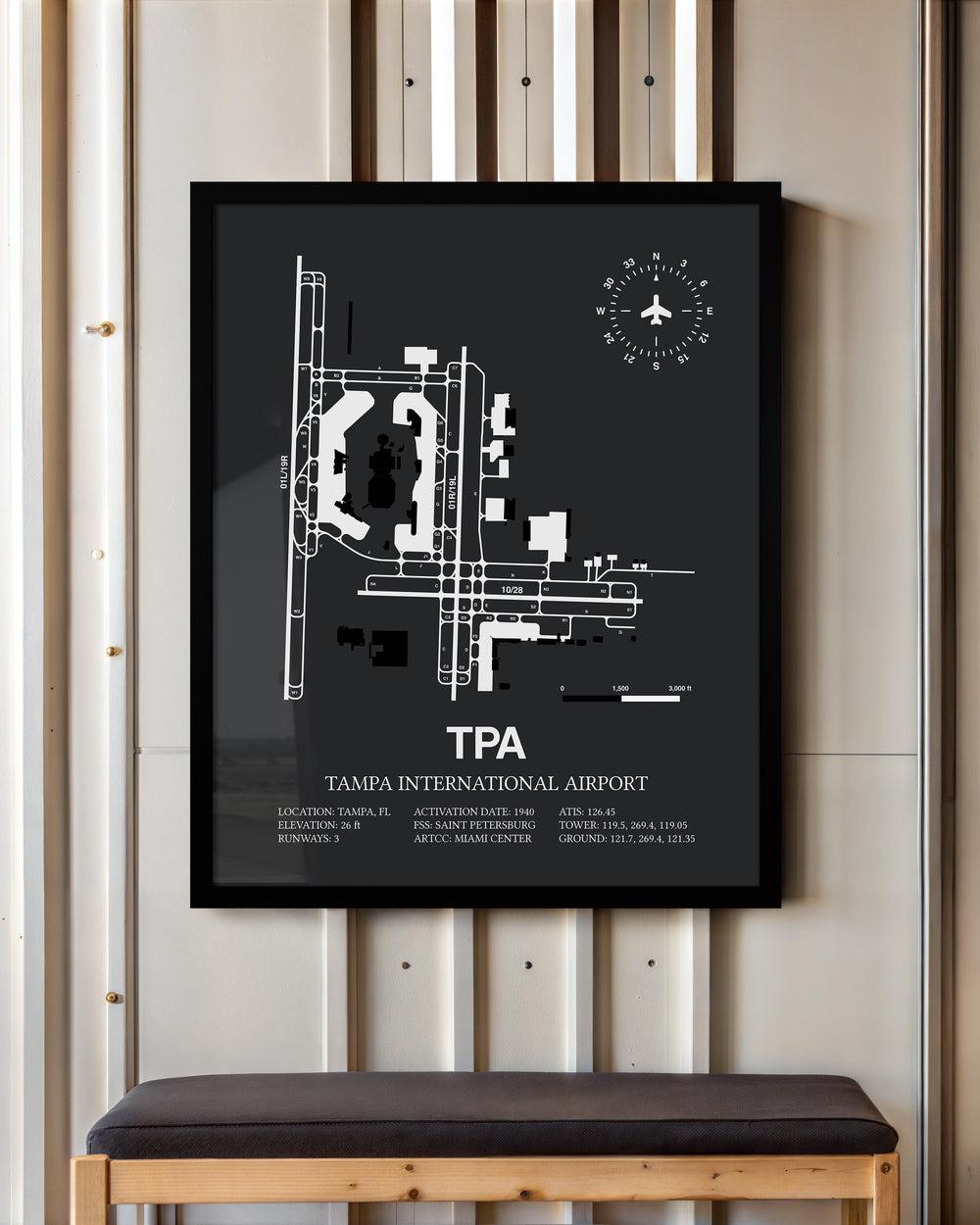 Framed Detailed Airport Map of Tampa International Airport (TPA) in Gray with a Black Frame