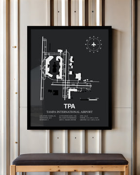 Framed Detailed Airport Map of Tampa International Airport (TPA) in Gray with a Black Frame