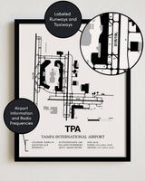 Framed Detailed Airport Map of Tampa International Airport (TPA) in White with a Black Frame