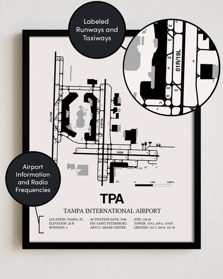 Framed Detailed Airport Map of Tampa International Airport (TPA) in White with a Black Frame