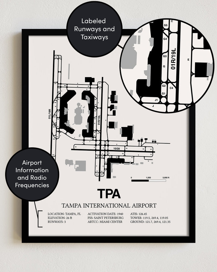 Framed Detailed Airport Map of Tampa International Airport (TPA) in White with a Black Frame