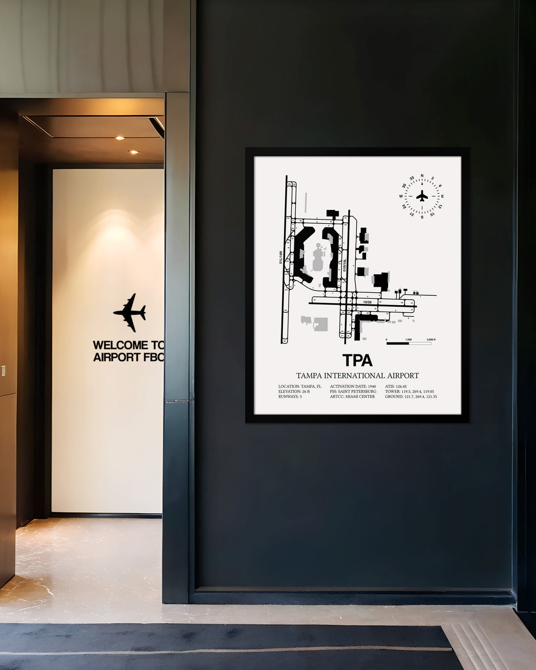 Framed Detailed Airport Map of Tampa International Airport (TPA) in White with a Black Frame