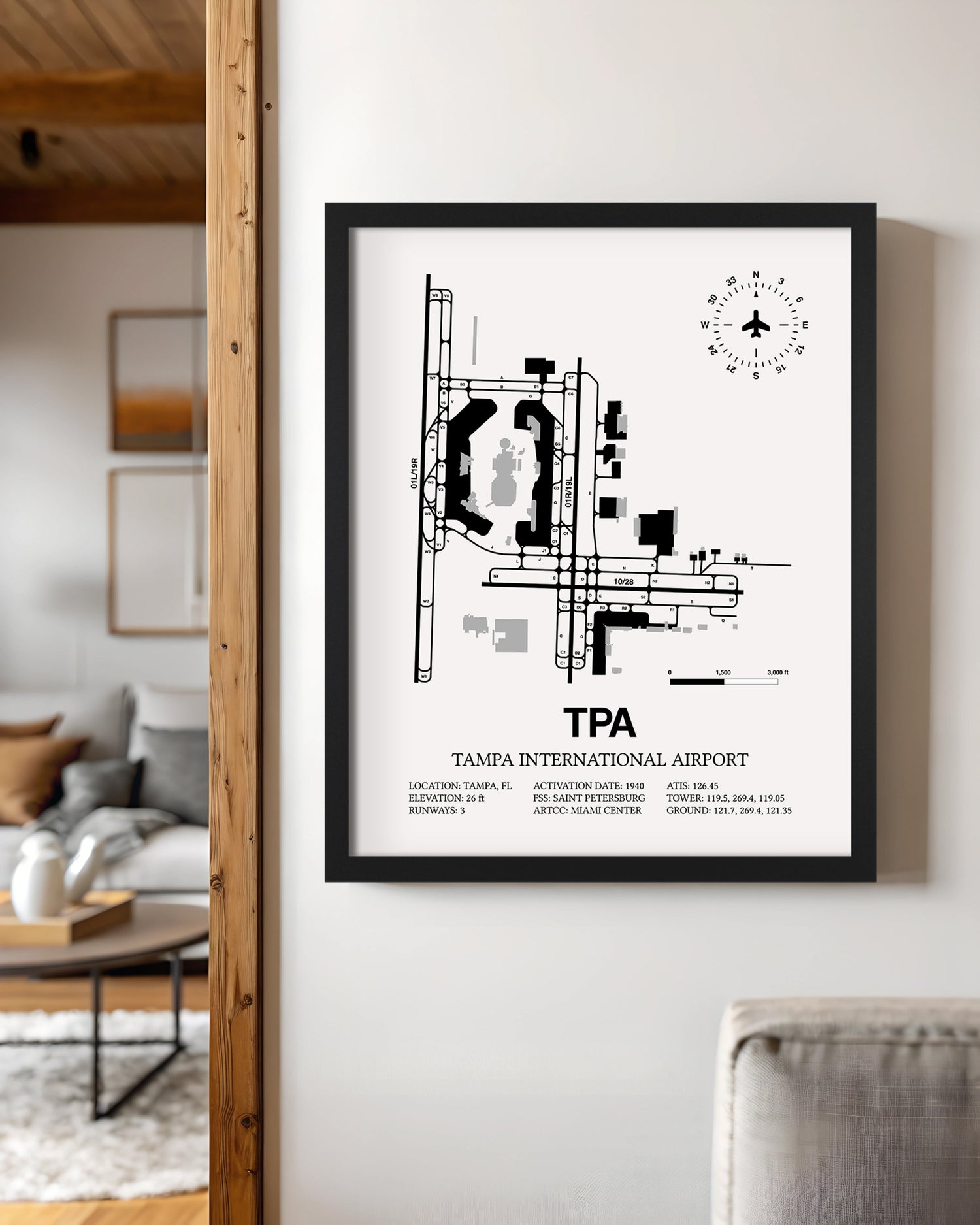 Framed Detailed Airport Map of Tampa International Airport (TPA) in White with a Black Frame