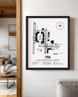 Framed Detailed Airport Map of Tampa International Airport (TPA) in White with a Black Frame