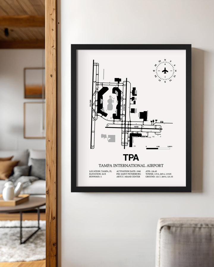 Framed Detailed Airport Map of Tampa International Airport (TPA) in White with a Black Frame
