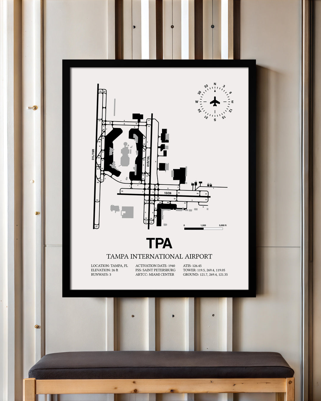 Framed Detailed Airport Map of Tampa International Airport (TPA) in White with a Black Frame
