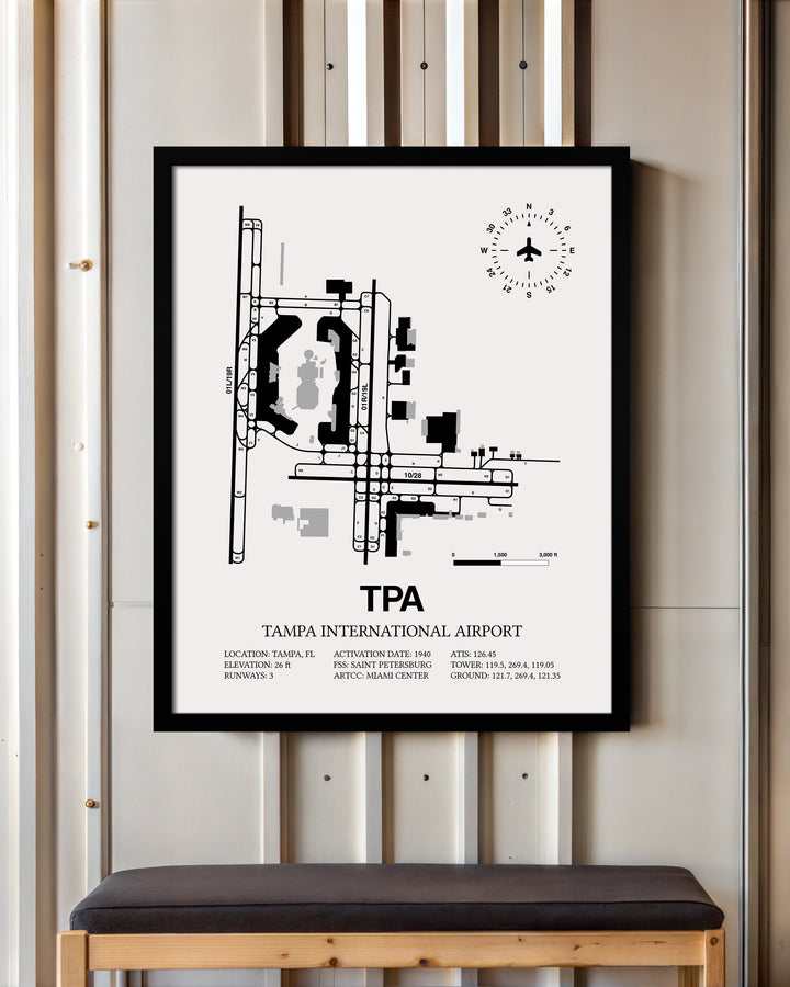 Framed Detailed Airport Map of Tampa International Airport (TPA) in White with a Black Frame