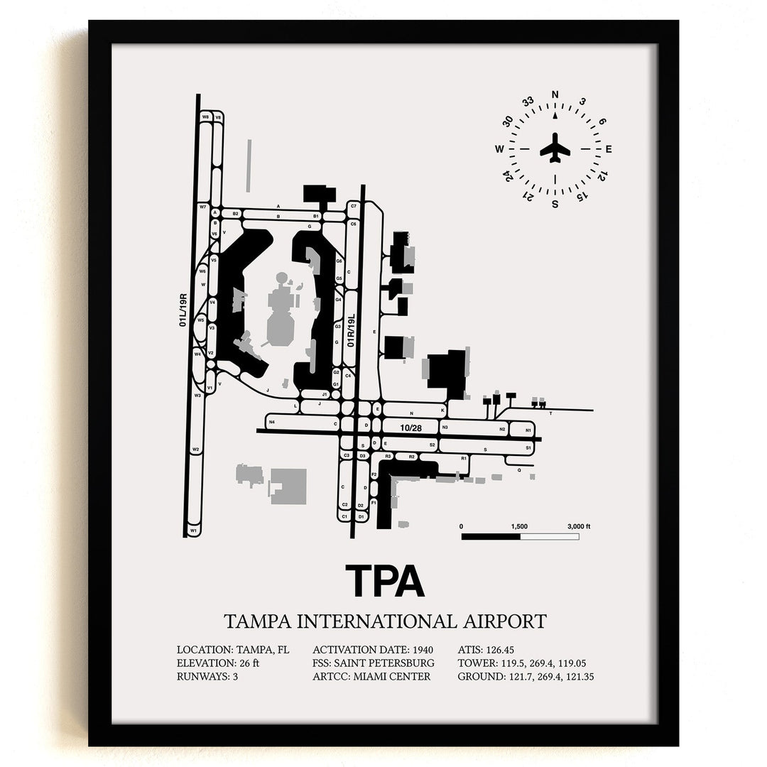 Framed Detailed Airport Map of Tampa International Airport (TPA) in White with a Black Frame