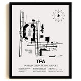 Framed Detailed Airport Map of Tampa International Airport (TPA) in White with a Black Frame