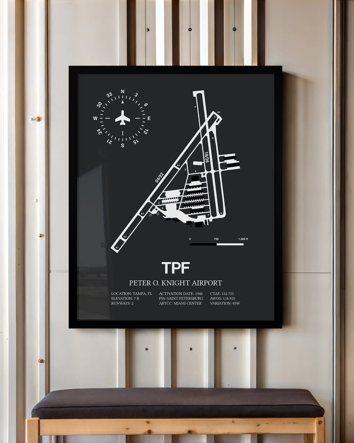 Framed Detailed Airport Map of Peter O. Knight Airport (TPF) in Gray with a Black Frame