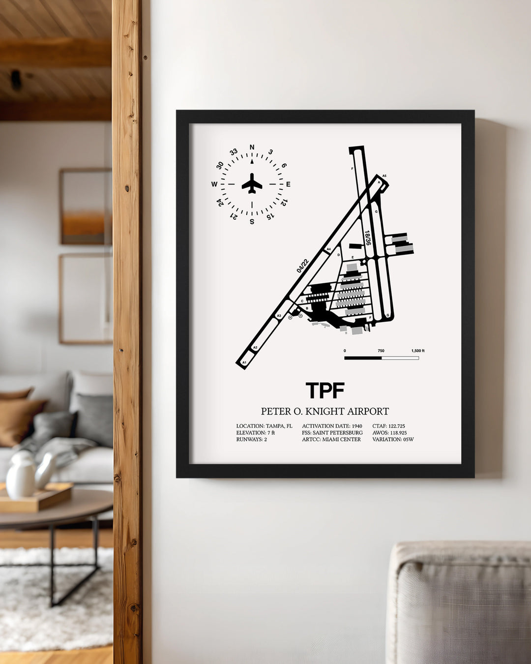 Framed Detailed Airport Map of Peter O. Knight Airport (TPF) in White with a Black Frame
