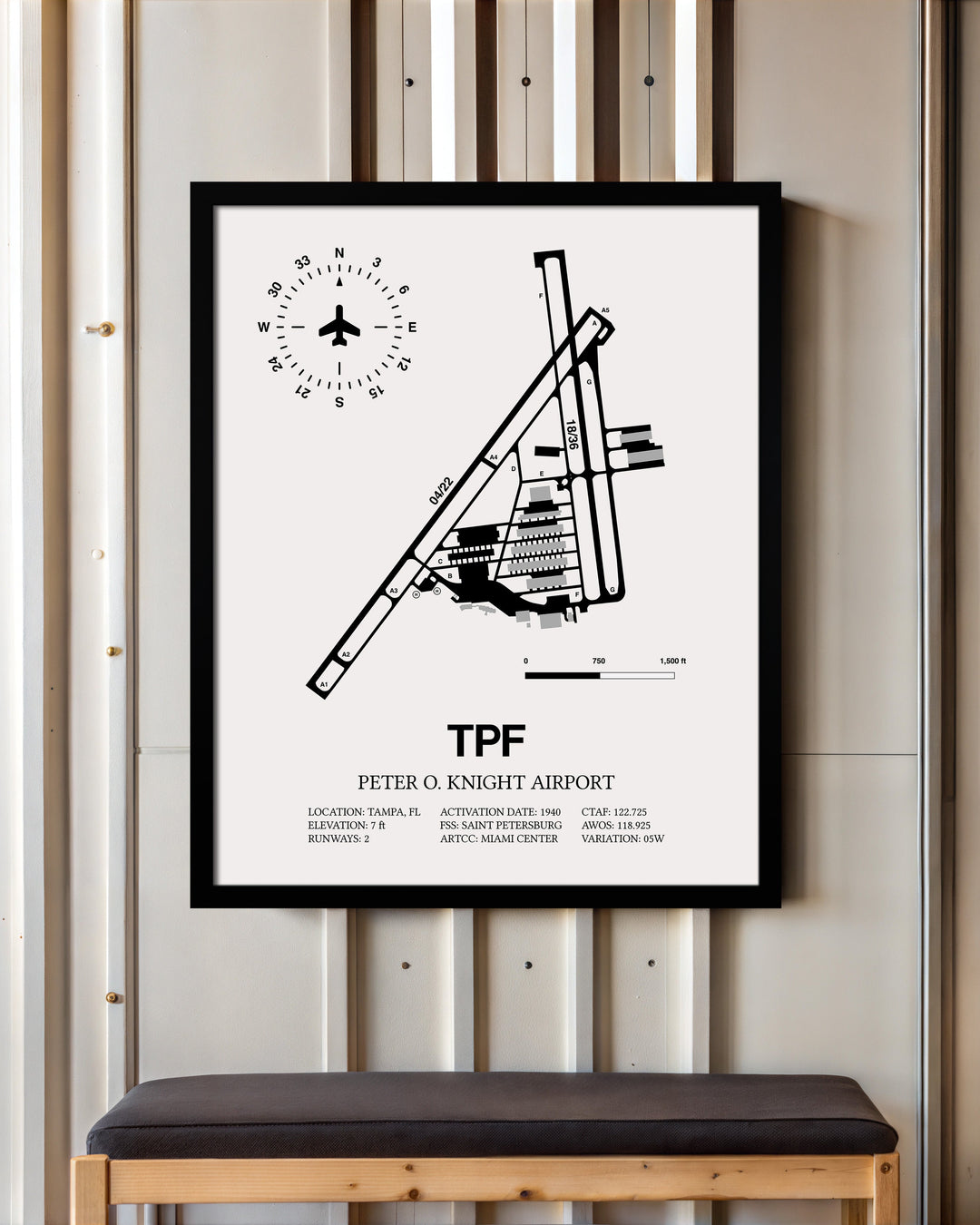 Framed Detailed Airport Map of Peter O. Knight Airport (TPF) in White with a Black Frame