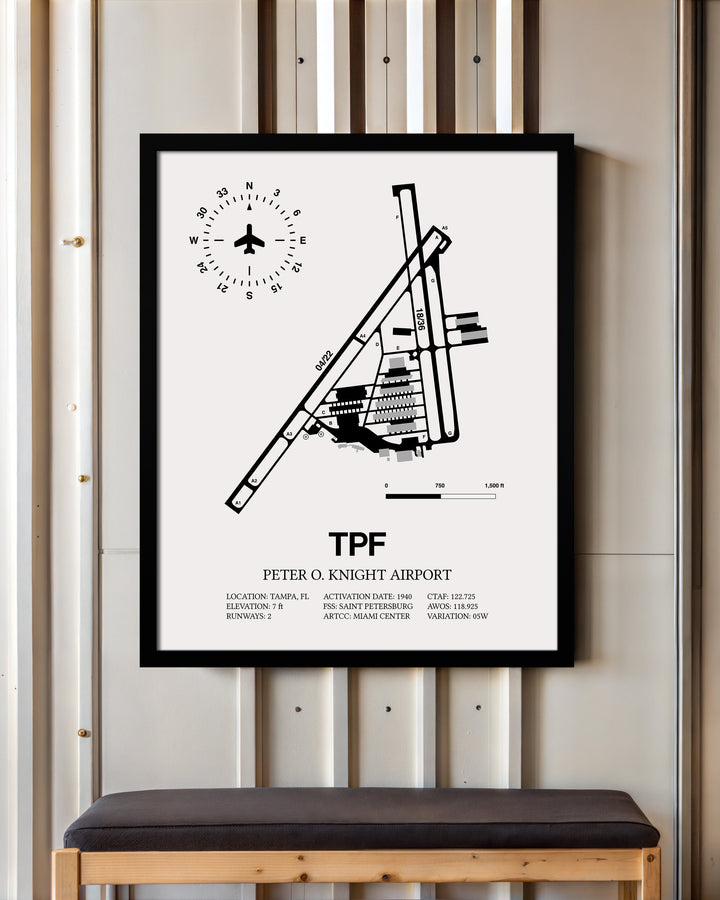 Framed Detailed Airport Map of Peter O. Knight Airport (TPF) in White with a Black Frame