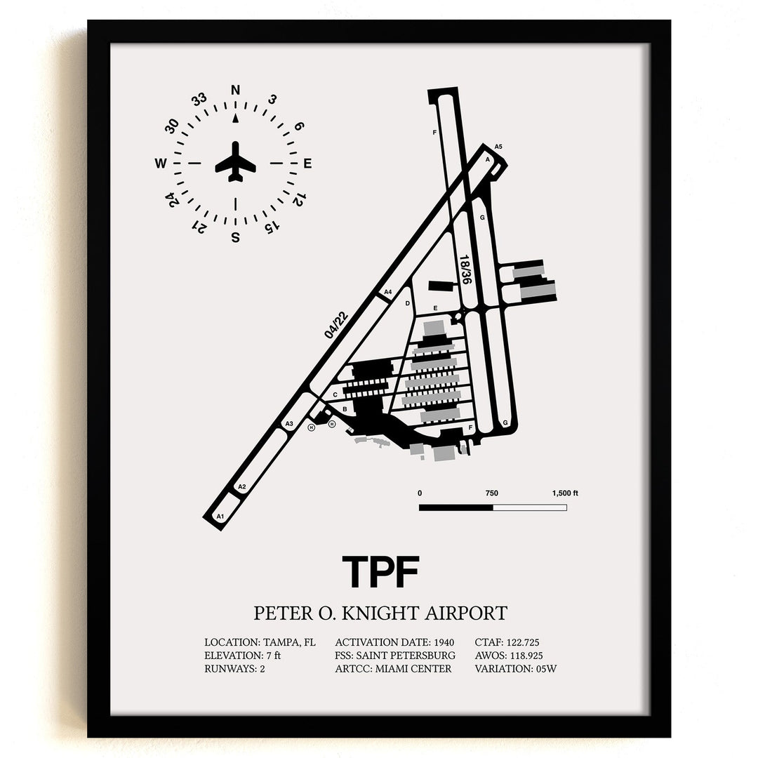 Framed Detailed Airport Map of Peter O. Knight Airport (TPF) in White with a Black Frame