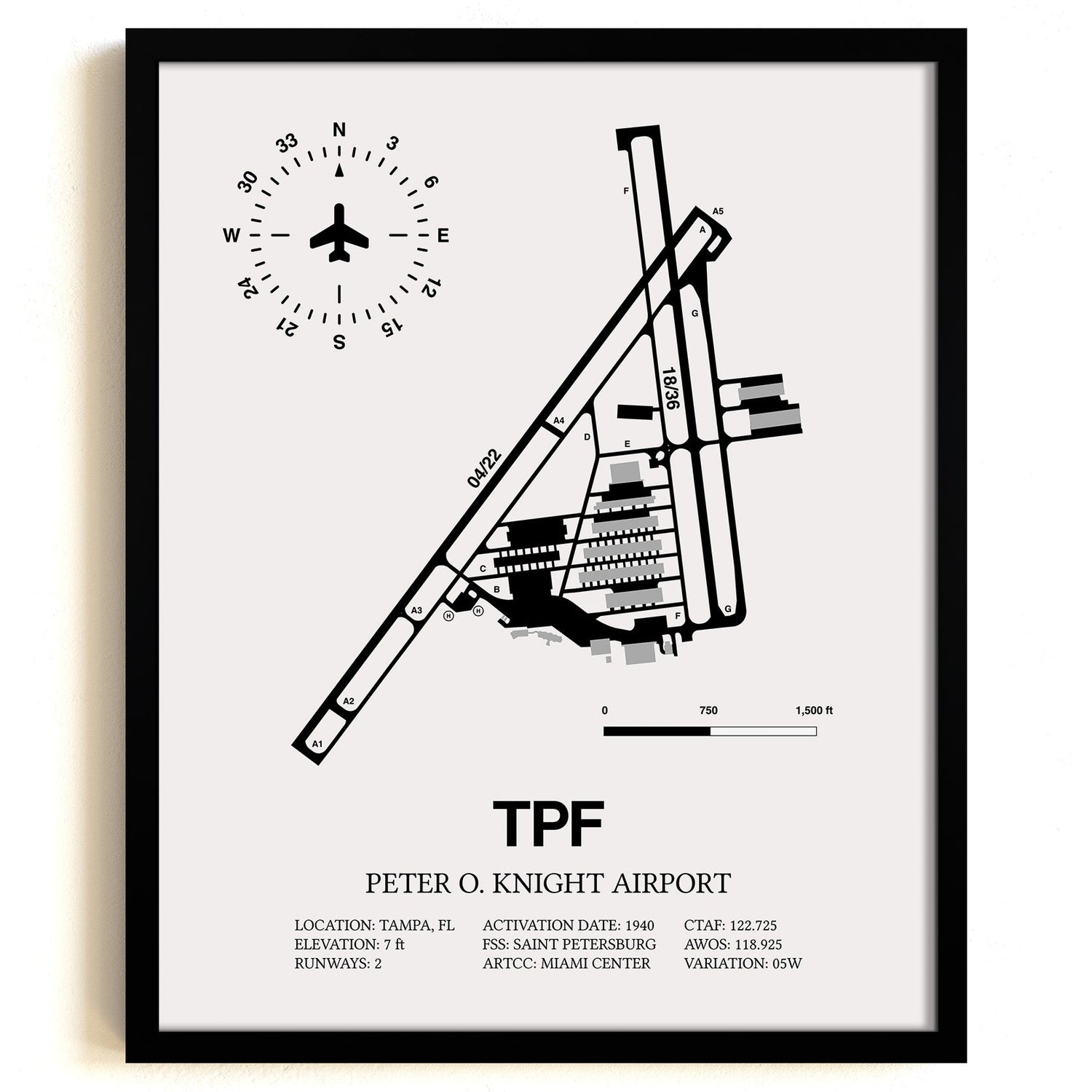 Framed Detailed Airport Map of Peter O. Knight Airport (TPF) in White with a Black Frame